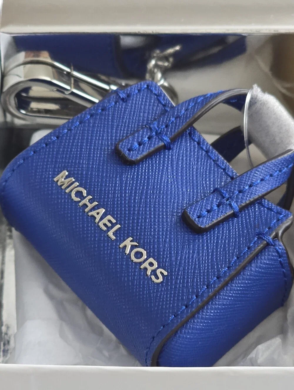 MICHAEL KORS Mini Mercer Bag Charm Keychain Electric Blue Saffiano